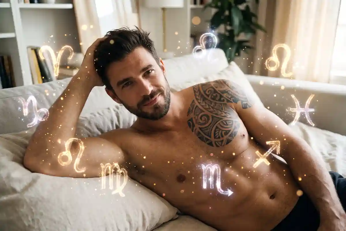 Vyras atsipalaidavęs guli ant sofos, o aplink jį ore sklando švytintys Zodiako ženklų simboliai. Iliustracija straipsniui apie viengungių vyrų ypatumus pagal horoskopą.