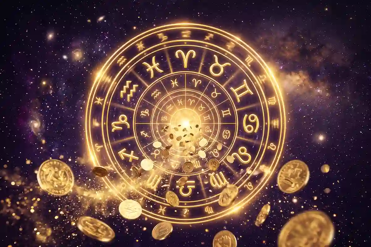 Auksinis Zodiako ženklų ratas su skraidančiomis monetomis tamsiame kosmoso fone