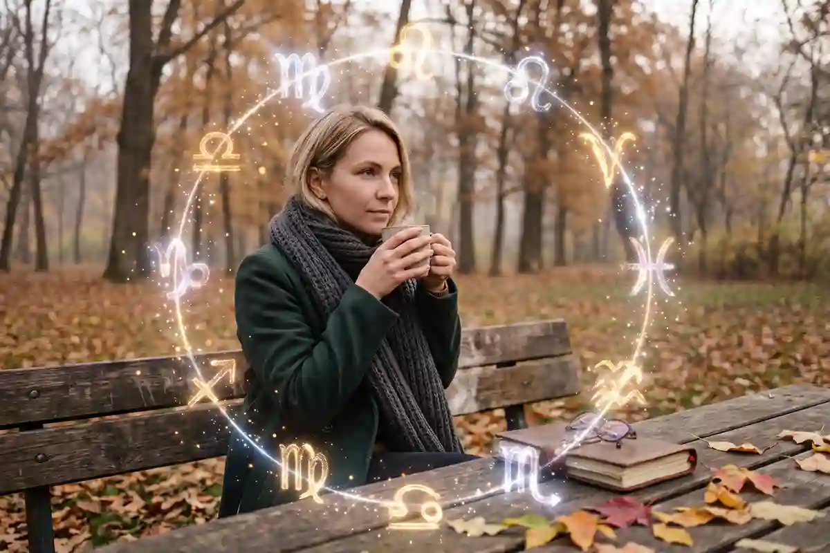 Moteris rudeniniame parke gerianti arbatą prie medinio stalo, apsupta švytinčio Zodiako ženklų rato