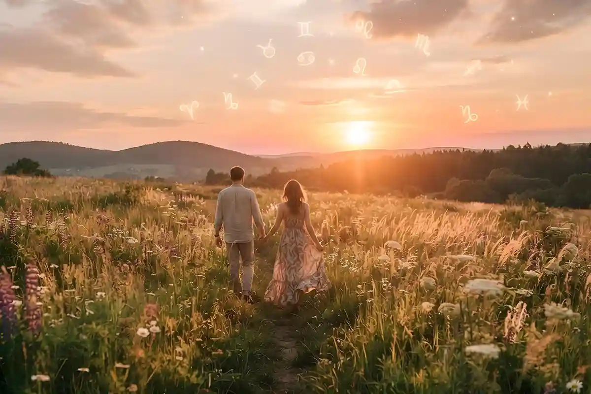 Romantiškas vasaros saulėlydis su zodiako ženklais danguje - meilės horoskopas