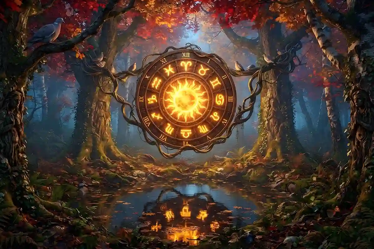 Šviečiantis Zodiako ženklų ratas mistiniame rudens miške virš vandens – astrologinė prognozė ir rugsėjo horoskopas.