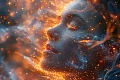 Mistinis šviečiantis žmogaus siluetas kosminiame žvaigždžių ir zodiako konsteliacijų fone