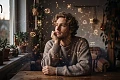 Švelnių bruožų vyras svajingai žiūri pro langą, o aplink jį ore sklando šviečiantys astrologiniai Zodiako ženklų simboliai