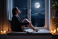 Moteris ant palangės prie žvakių šviesos stebi pilnatį, iliustruojanti Zodiako ženklų emocines reakcijas