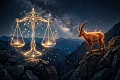 2027 metų horoskopas Svarstyklėms: spindinčios Svarstyklės ir Ugninė Ožka kalnuose po žvaigždėtu dangumi  Caption: