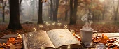 Lapkričio finansinis horoskopas: atversta magiška astrologinė knyga su visais Zodiako ženklais rudens fone
