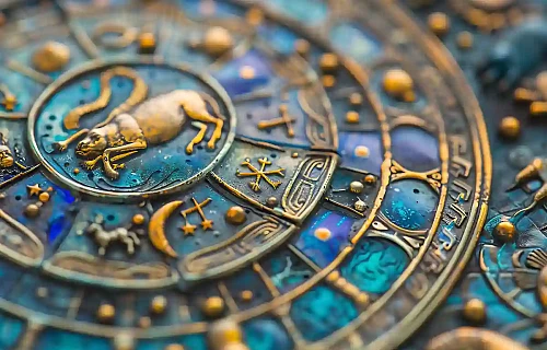 Prabangus auksinis zodiako ženklų ratas tamsiai mėlyname fone, atspindintis astrologijos ir žvaigždžių paslaptis