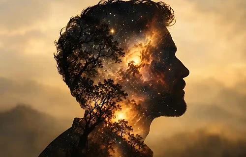 Zodiako ženklų sandūra – vyro profilio siluetas su kosmoso galaktika ir medžiais