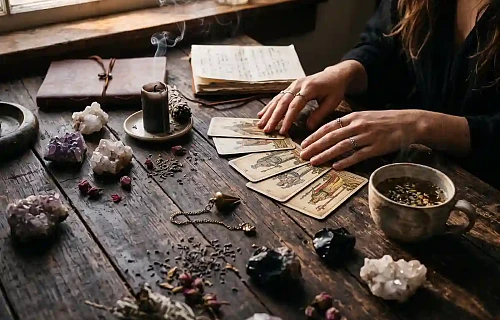 Mistiškas stalas su Taro kortomis, natūraliais kristalais ir žvake, atspindintis ateities spėjimo būdus pagal Zodiaką