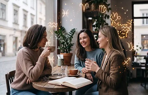 Trys draugės jaukiai besišnekučiuojančios prie apvalaus medinio staliuko kavinėje, o aplink jas ore lengvai sklando plonas, vos matomas šviečiančių Zodiako ženklų ratas