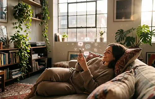 Mergina su išmaniuoju telefonu jaukiame kambaryje, aplink telefoną subtiliai švyti bendravimo ir Zodiako simboliai