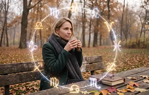 Moteris rudeniniame parke gerianti arbatą prie medinio stalo, apsupta švytinčio Zodiako ženklų rato