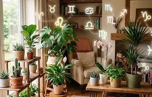 Jaukus kambarys pilnas kambarinių augalų (monstera, kaktusai, orchidėja), virš kurių sklando šviečiantys neoniniai Zodiako ženklų simboliai.
