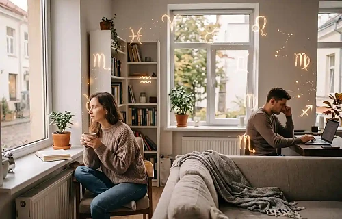 Nusivylusi moteris su puodeliu sėdi prie lango, o vyras kitame kambario gale dirba prie kompiuterio – jaukioje namų svetainėje tvyro emocinis atstumas, o ore sklando švelnūs astrologiniai Zodiako ženklai.